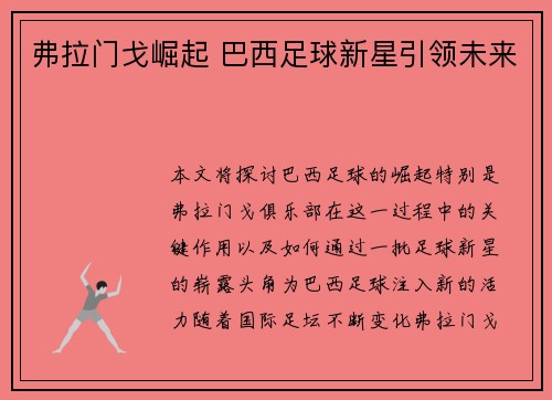 弗拉门戈崛起 巴西足球新星引领未来